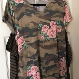 Camo tee with attached striped sleeves